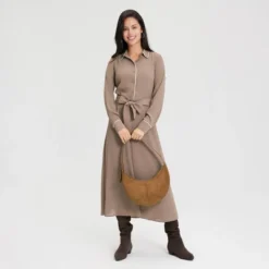 Women's Long Sleeve Midi Shirtdress - A New Day™ Taupe -A New Day™ GUEST 10472951 81e5 4ee7 94a5 f94b18324abc