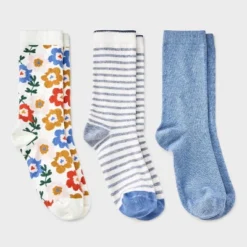 Women's Floral 3pk Crew Socks - A New Day™ Ivory/Blue/Gray 4-10: Tagless, Smooth Toe Seams -A New Day™ GUEST 1182bc73 de29 4f47 befe 8600e52a1e1f