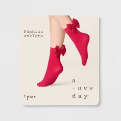 Women's Bow Opaque Anklet Socks - A New Day™ Red One Size