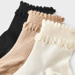 Women's Double Scalloped Edge 3pk Ankle Socks - A New Day™ Ivory/Tan/Black 4-10 -A New Day™ GUEST 4153da09 11d1 462e 8b85 b0a1fb2c9625