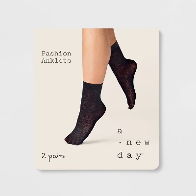 Women's Floral Mesh 2pk Anklet Socks - A New Day™ Black/Ivory One Size 4 Women's Floral Mesh 2pk Anklet Socks - A New Day™ Black/Ivory One Size - Image 2