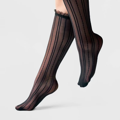 Women's Striped Sheer Knee Highs With Ruffle Trim - A New Day™ Black 4-10: Nylon Spandex Knit Stockings 4 Women's Striped Sheer Knee Highs With Ruffle Trim - A New Day™ Black 4-10: Nylon Spandex Knit Stockings - Image 2