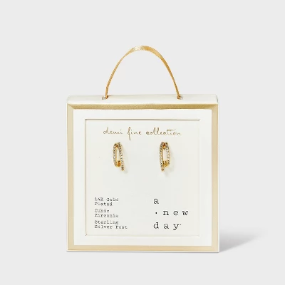 14k Gold Plated Cubic Zirconia Faux Duo Pave Hoop Earrings - A New Day™ Gold 5 14k Gold Plated Cubic Zirconia Faux Duo Pave Hoop Earrings - A New Day™ Gold - Image 3