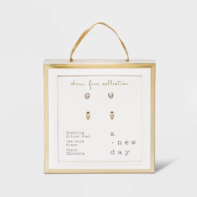 14K Gold Plated Cubic Zirconia Triple Circle Stud Earring Set 2pc - A New Day™ 4 14K Gold Plated Cubic Zirconia Triple Circle Stud Earring Set 2pc - A New Day™ - Image 2