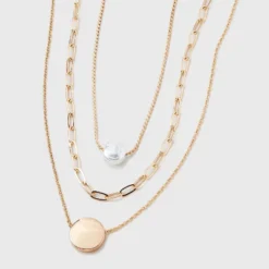 Gold 3 Row With Pearl & Coin Necklace - A New Day™ Gold: Multi-Strand, Nickel-Free Metal, Lobster Claw Clasp, 16" Length -A New Day™ GUEST 65f5bf71 0280 40e9 941a 5b290fd6577e