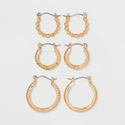Multi Textured Hoop Trio Earring Set 3pc - A New Day™ Gold: Nickel-Free Metal, Hinge Closure, Lightweight Design -A New Day™ GUEST 6bd43146 f882 42b5 8b32 eb7e108330f7