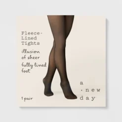 Women's Flat Knit Sheer Illusion Fleece Lined Tights - A New Day™ Black