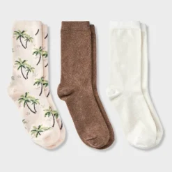 Women's Palm Tree 3pk Crew Socks - A New Day™ Pink/Brown Heather/Ivory 4-10: Cotton Blend, Tagless, Smooth Toe Seams -A New Day™ GUEST 7b5ae146 f1be 4e23 afc3 26545d989e68
