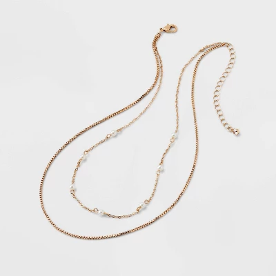 Gold 2 Row Clear Stone Pearl Ball Necklace - A New Day™ Gold: Boxed Chain, Lobster Claw Clasp, 17" Length, 3" Extender 4 Gold 2 Row Clear Stone Pearl Ball Necklace - A New Day™ Gold: Boxed Chain, Lobster Claw Clasp, 17" Length, 3" Extender - Image 2