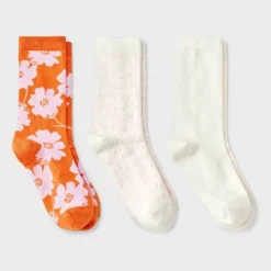 Women's Floral 3pk Crew Socks - A New Day™ Orange/Pink/Ivory 4-10: Tagless, Smooth Toe Seams -A New Day™ GUEST 8d4096ed 5661 4c20 aec4 4030644991e6