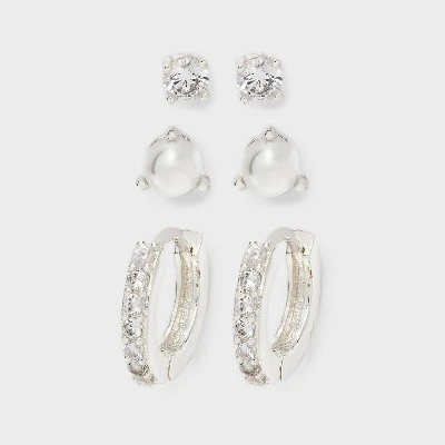 Silver Plated Cubic Zirconia Glass Pearl Post And Hoop Earring Set 2pc - A New Day™ Silver 5 Silver Plated Cubic Zirconia Glass Pearl Post And Hoop Earring Set 2pc - A New Day™ Silver - Image 3