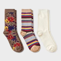 Women's Floral & Striped 3pk Crew Socks - A New Day™ Dark Brown Heather/Ivory 4-10 -A New Day™ GUEST a8968f49 fe31 4668 b1f1 7aa84b1478d8