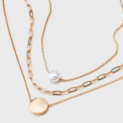 Gold 3 Row With Pearl & Coin Necklace - A New Day™ Gold: Multi-Strand, Nickel-Free Metal, Lobster Claw Clasp, 16" Length -A New Day™ GUEST b1ce3a8c 9491 45be a4a5 c2d3735c4fab