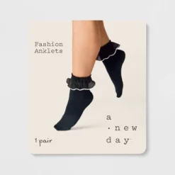 Women's Pearl Trim Ruffle Opaque Anklet Socks - A New Day™ Black/White One Size