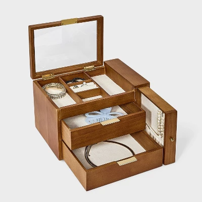 Three Drawer With Vertical Necklace Storage Jewelry Organizer - A New Day™ Rubberwood 3 Three Drawer With Vertical Necklace Storage Jewelry Organizer - A New Day™ Rubberwood