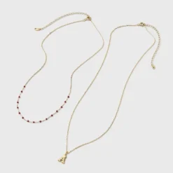 14K Gold Dipped Beaded Initial Necklace Set 2pc - A New Day™ Gold/Marron