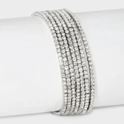 Clear Glass Stone Stretch Bracelet Set 7pc - A New Day™ Silver: Faceted Design, Square Cut, Glass & Brass Material