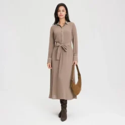 Women's Long Sleeve Midi Shirtdress - A New Day™ Taupe -A New Day™ GUEST ebe65521 87f3 45ab b097 05f4de036983