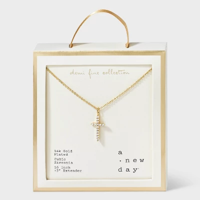 14K Gold Plated Cubic Zirconia Cross Pendant Necklace - A New Day™: Brass, Lobster Claw Clasp, 16" Length 5 14K Gold Plated Cubic Zirconia Cross Pendant Necklace - A New Day™: Brass, Lobster Claw Clasp, 16" Length - Image 3