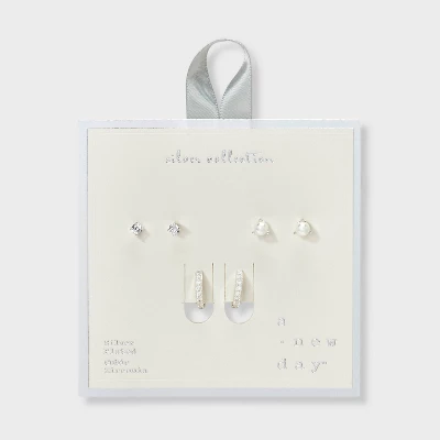 Silver Plated Cubic Zirconia Glass Pearl Post And Hoop Earring Set 2pc - A New Day™ Silver 3 Silver Plated Cubic Zirconia Glass Pearl Post And Hoop Earring Set 2pc - A New Day™ Silver