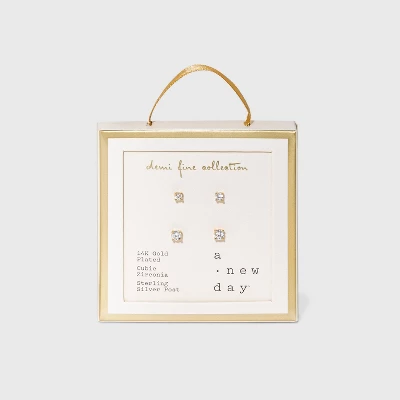 14K Gold Plated Cubic Zirconia Duo Stud Earrings - A New Day™ 4 14K Gold Plated Cubic Zirconia Duo Stud Earrings - A New Day™ - Image 2